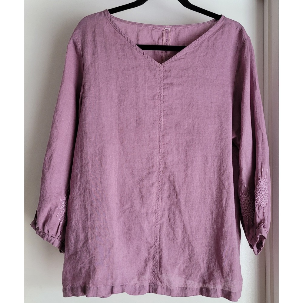 Mordenmiss Linen-Look Dusty Purple Tunic Top Embroidered Cuff Sleeve Lagenlook